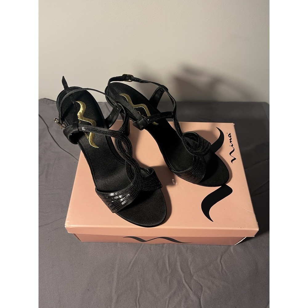Nina black satin strappy cocktail heels Gala Formal Women's 9 M